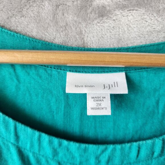 J. Jill Love Linen Dress Womens Size 2X Teal Blue Front Apron Pockets 100% - Picture 2 of 9
